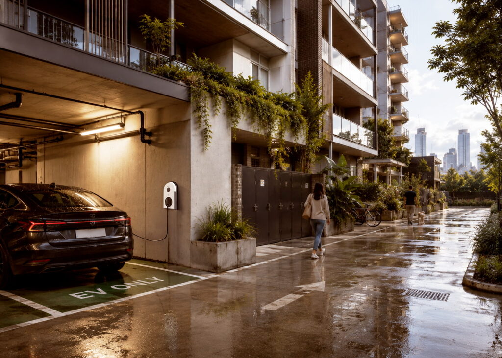 electric vehicle parked in an apartment building car park