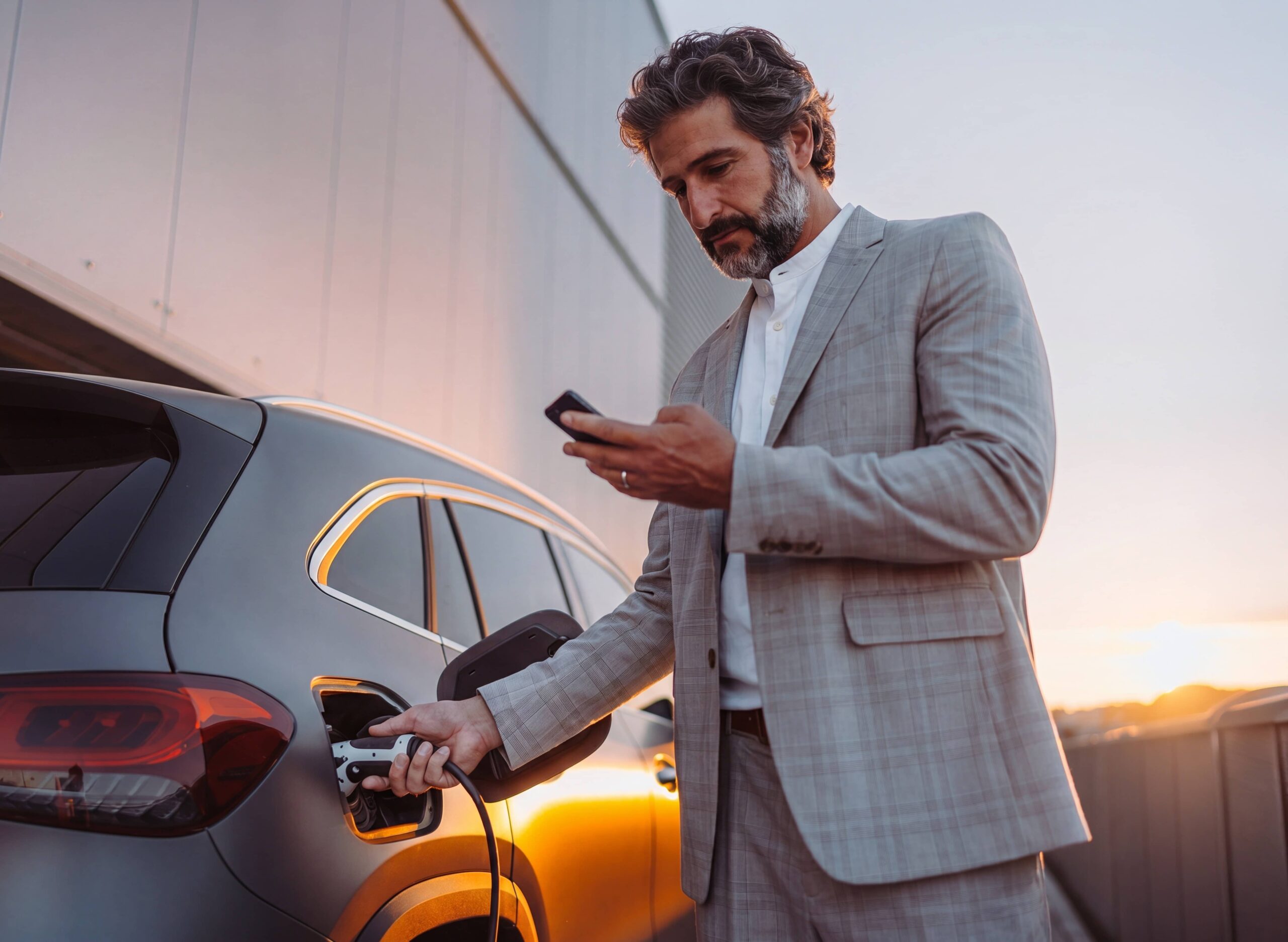man charging electric car while looking at phone